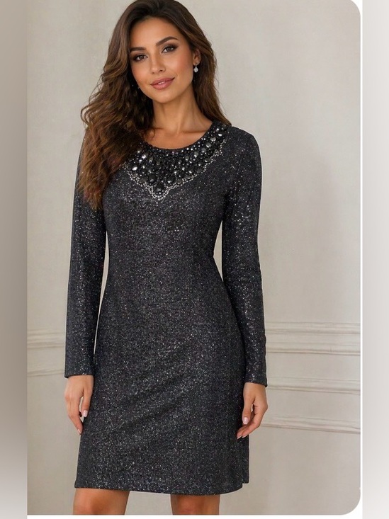 Carmen Marc Valvo Dresses & Skirts - Carmen Marc Valvo Dress Sz 8 Black Silver Beaded Neck Sequin Cocktail Midi